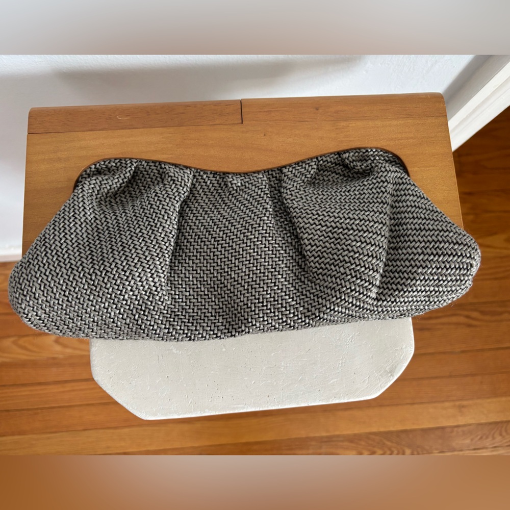 MCM Geometric Handmade Clutch Gray Tweed Woven Fabric Wooden Handle
